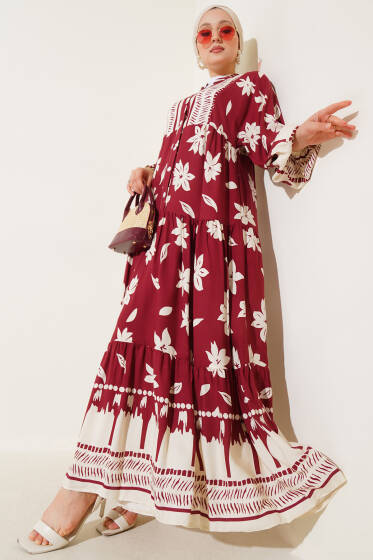 Bilek Lastikli Çiçek Desenli Elbise Bordo - Elbise