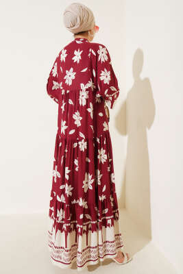 Bilek Lastikli Çiçek Desenli Elbise Bordo - Tesettür Elbise