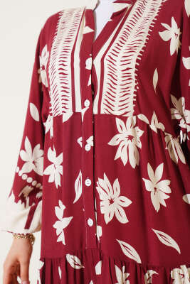 Bilek Lastikli Çiçek Desenli Elbise Bordo - Tesettür Elbise