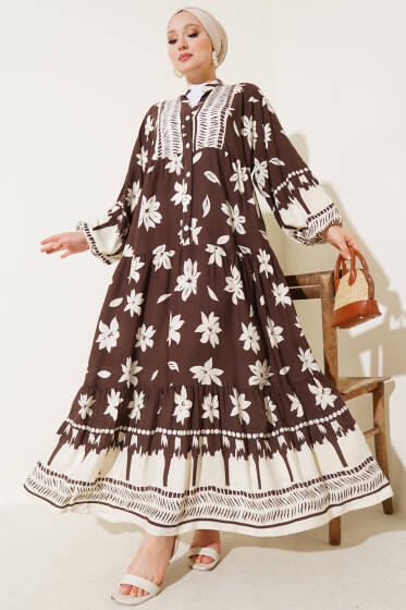 Bilek Lastikli Çiçek Desenli Elbise Kahve - Elbise