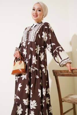 Bilek Lastikli Çiçek Desenli Elbise Kahve - Tesettür Elbise