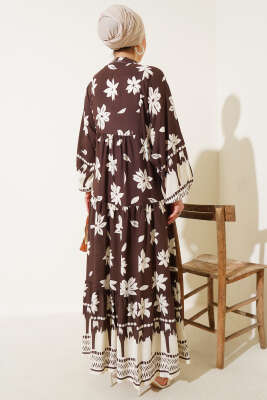 Bilek Lastikli Çiçek Desenli Elbise Kahve - Tesettür Elbise