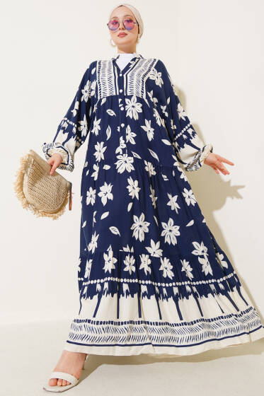 Bilek Lastikli Çiçek Desenli Elbise Lacivert - Elbise