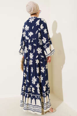 Bilek Lastikli Çiçek Desenli Elbise Lacivert - Tesettür Elbise