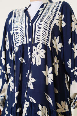 Bilek Lastikli Çiçek Desenli Elbise Lacivert - Tesettür Elbise