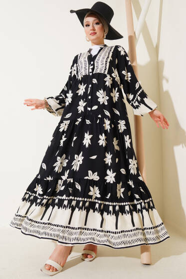 Bilek Lastikli Çiçek Desenli Elbise Siyah - Elbise