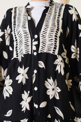 Bilek Lastikli Çiçek Desenli Elbise Siyah - Tesettür Elbise