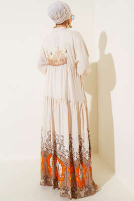 Bilek Lastikli Desenli Viskon Elbise Bej - Tesettür Elbise