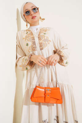 Bilek Lastikli Desenli Viskon Elbise Bej - Tesettür Elbise