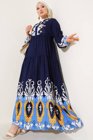 Bilek Lastikli Desenli Viskon Elbise Lacivert - Elbise