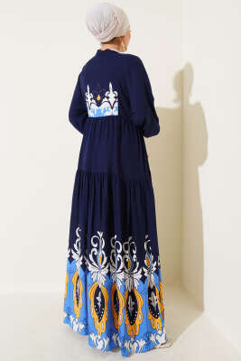 Bilek Lastikli Desenli Viskon Elbise Lacivert - Tesettür Elbise
