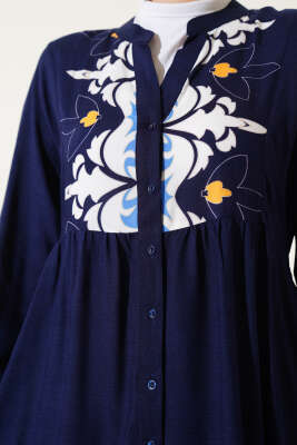 Bilek Lastikli Desenli Viskon Elbise Lacivert - Tesettür Elbise