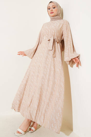 Bilek Lastikli Düğüm Desen Elbise Bej - Elbise