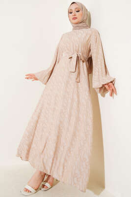 Bilek Lastikli Düğüm Desen Elbise Bej 