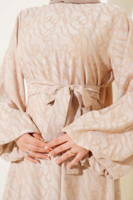 Bilek Lastikli Düğüm Desen Elbise Bej - Tesettür Elbise