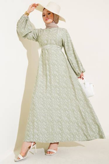 Bilek Lastikli Düğüm Desen Elbise Çağla Yeşili - Elbise