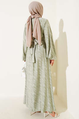 Bilek Lastikli Düğüm Desen Elbise Çağla Yeşili - Tesettür Elbise