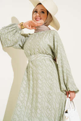 Bilek Lastikli Düğüm Desen Elbise Çağla Yeşili - Tesettür Elbise