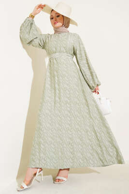 Bilek Lastikli Düğüm Desen Elbise Çağla Yeşili - Tesettür Elbise