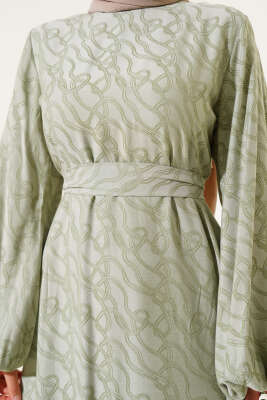 Bilek Lastikli Düğüm Desen Elbise Çağla Yeşili - Tesettür Elbise
