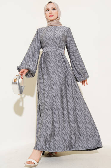 Bilek Lastikli Düğüm Desen Elbise Gri - Elbise