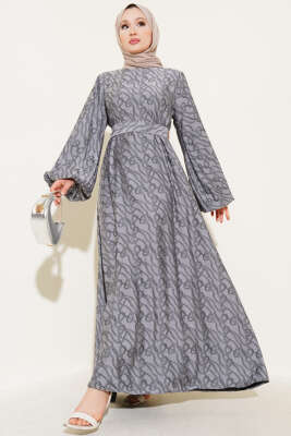 Bilek Lastikli Düğüm Desen Elbise Gri 