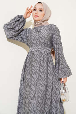 Bilek Lastikli Düğüm Desen Elbise Gri - Tesettür Elbise
