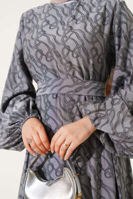 Bilek Lastikli Düğüm Desen Elbise Gri - Tesettür Elbise