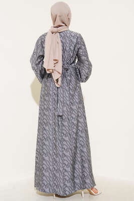 Bilek Lastikli Düğüm Desen Elbise Gri - Tesettür Elbise