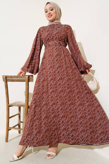 Bilek Lastikli Düğüm Desen Elbise Kahve - Elbise