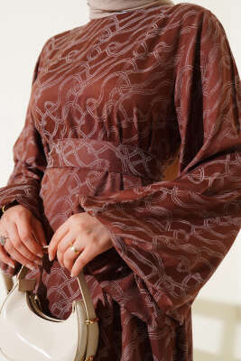 Bilek Lastikli Düğüm Desen Elbise Kahve - Tesettür Elbise