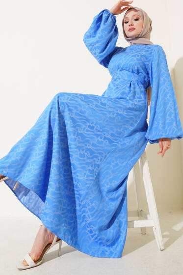 Bilek Lastikli Düğüm Desen Elbise Mavi - Elbise