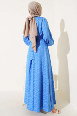Bilek Lastikli Düğüm Desen Elbise Mavi - Tesettür Elbise