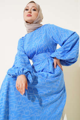 Bilek Lastikli Düğüm Desen Elbise Mavi - Tesettür Elbise