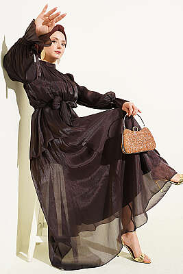 Bilek Lastikli Etekli Abiye İkili Takım Acı Kahve 