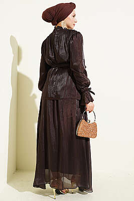 Bilek Lastikli Etekli Abiye İkili Takım Acı Kahve - İkili Takım