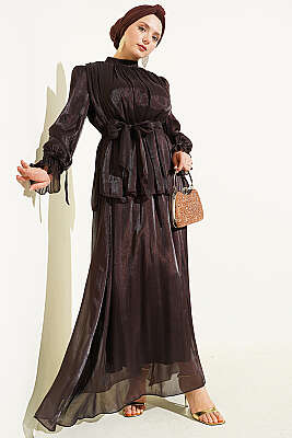 Bilek Lastikli Etekli Abiye İkili Takım Acı Kahve - İkili Takım