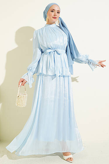 Bilek Lastikli Etekli Abiye İkili Takım Bebe Mavi - İkili Takım