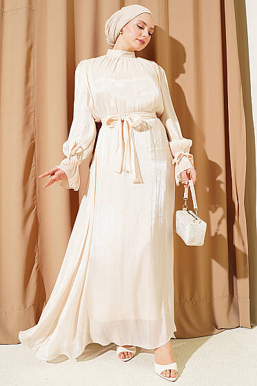 Bilek Lastikli Etekli Abiye İkili Takım Bej - İkili Takım