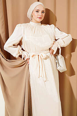 Bilek Lastikli Etekli Abiye İkili Takım Bej - İkili Takım