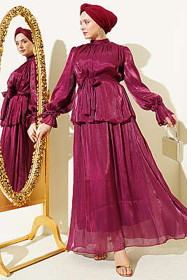 Bilek Lastikli Etekli Abiye İkili Takım Bordo 