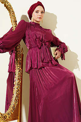 Bilek Lastikli Etekli Abiye İkili Takım Bordo - İkili Takım