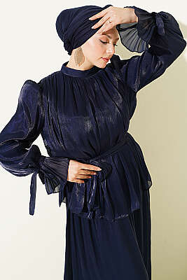 Bilek Lastikli Etekli Abiye İkili Takım Lacivert - İkili Takım