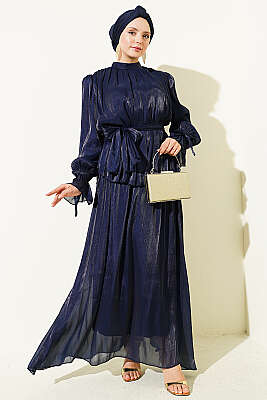 Bilek Lastikli Etekli Abiye İkili Takım Lacivert 