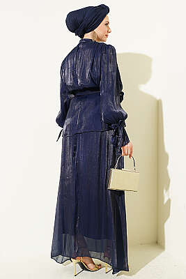 Bilek Lastikli Etekli Abiye İkili Takım Lacivert - İkili Takım