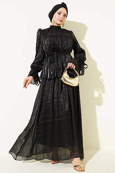 Bilek Lastikli Etekli Abiye İkili Takım Siyah - İkili Takım