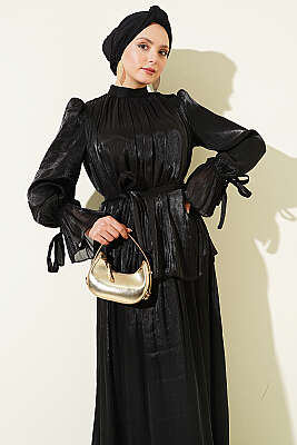 Bilek Lastikli Etekli Abiye İkili Takım Siyah - İkili Takım