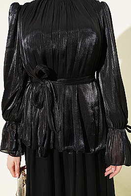 Bilek Lastikli Etekli Abiye İkili Takım Siyah - İkili Takım