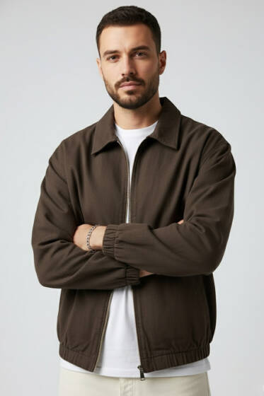 Bilek Lastikli Fermuarlı Erkek Ceket Kahve - Erkek Ceket