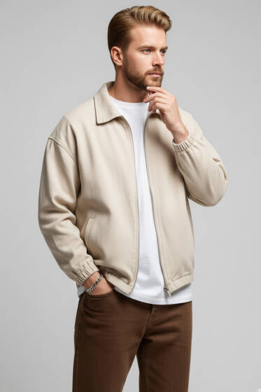 Bilek Lastikli Fermuarlı Erkek Ceket Taş - Erkek Ceket